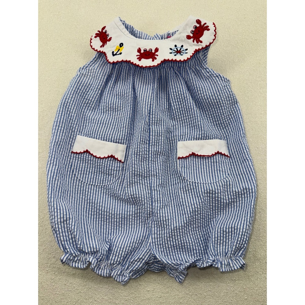 Good Lad Smocked Girl Blue Seersucker Nautical Crab Embroidered Bubble Romper 9M